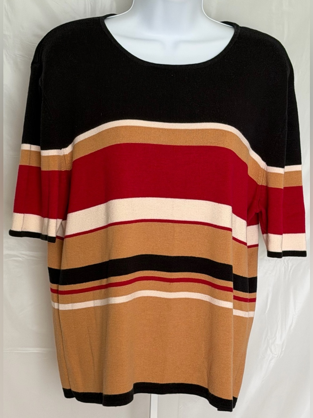 Sag Harbor XL Colorblock Stripe Knit Sweater Black Red Tan Cotton